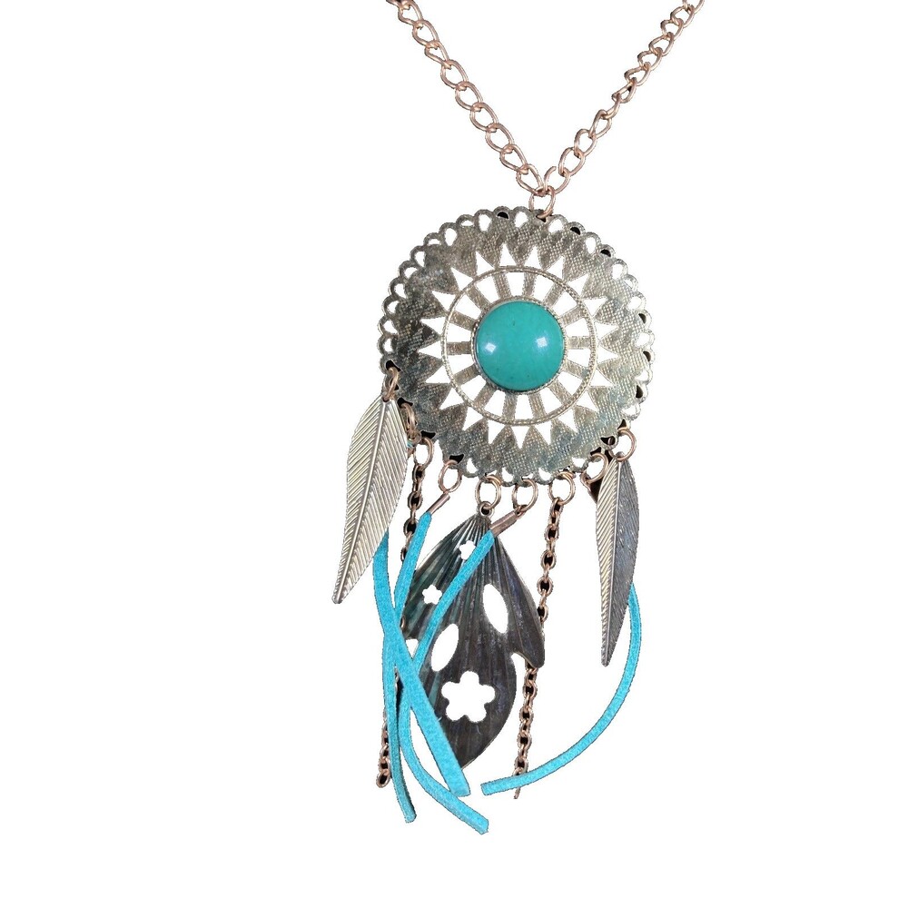 Boho Dreamcatcher Pendant Necklace Turquoise Faux Suede Feathers Bronze Tone